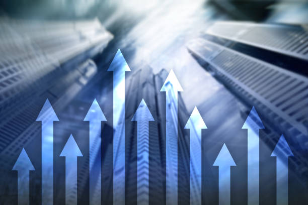 istock Up arrow graph on skyscraper background. Invesment and financial growth concept. 1077938030