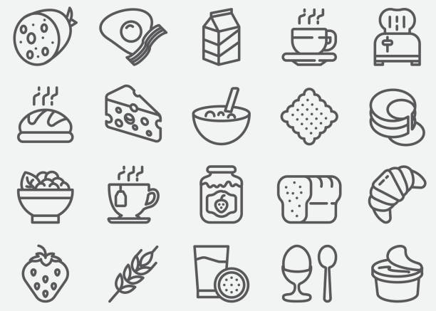 ilustraciones, imágenes clip art, dibujos animados e iconos de stock de iconos de línea de desayuno - bowl