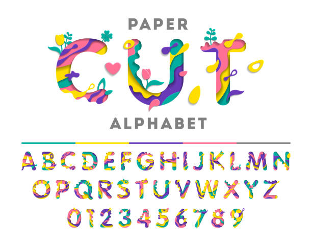 Colorful alphabet with abstract paper cut shapes or liquid paint. Paper cut style. Art carving font with flowers and leaf. Vector illustration. Colorful alphabet with abstract paper cut shapes or liquid paint. Paper cut style. Art carving font with flowers and leaf. Vector illustration. papercutting illustrations stock illustrations