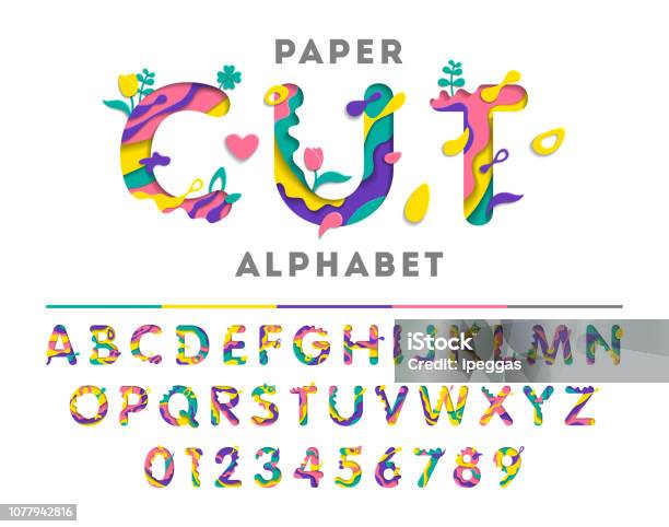 五顏六色的字母表 帶有抽象的剪紙形狀或液體油漆剪紙風格藝術雕刻字體與鮮花和葉子向量例證向量圖形及更多打字體圖片 - 打字體, 字母表, 花