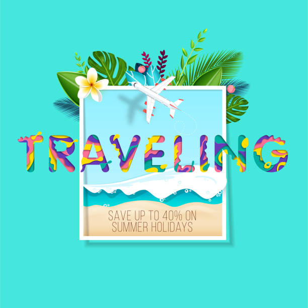 istock Abstract poster with a beach and sea wave in the frame, exotic leaves and flowers. Word traveling in paper cut style. Summer holidays. Vector 1077943186