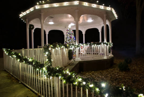 istock Christmas Tree Lit Up in a Gazebo 1077943516