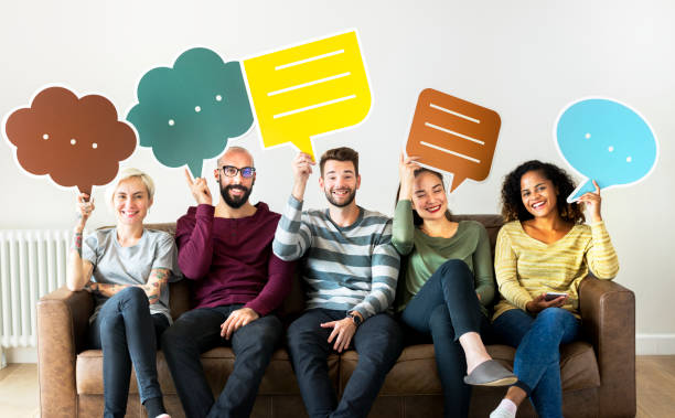 istock Group of diverse people with speech bubble icon 1077945246