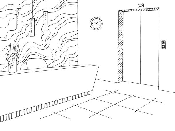 Reception lobby interior graphic black white sketch illustration vector Reception lobby interior graphic black white sketch illustration vector drawing of the hotel reception stock illustrations