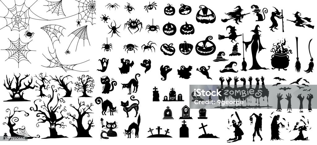 Big collection of Happy Halloween Magic collection, Hand drawn vector illustration. Collection of halloween silhouettes icon and character., witch, wizard attributes, creepy and spooky elements for halloween decorations, doodle silhouettes, sketch, icon, sticker. Hand drawn vector illustration. Halloween stock vector