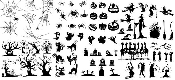 Big collection of Happy Halloween Magic collection, Hand drawn vector illustration. Collection of halloween silhouettes icon and character., witch, wizard attributes, creepy and spooky elements for halloween decorations, doodle silhouettes, sketch, icon, sticker. Hand drawn vector illustration. monster fictional character illustrations stock illustrations