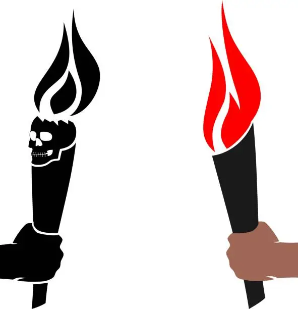 Vector illustration of A hand is holding a torch with fire. A stub with a torch