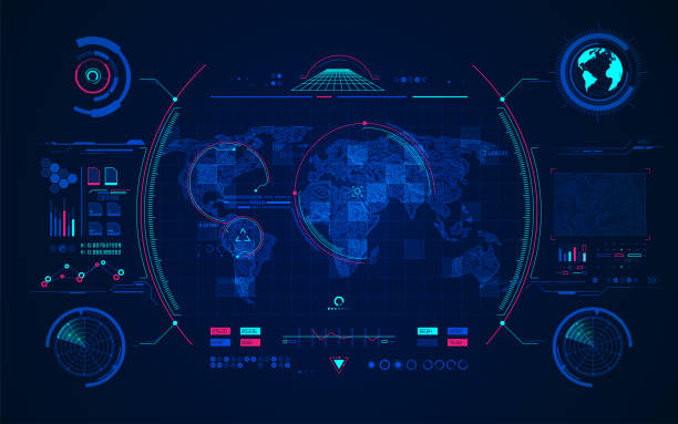 radarTerrain terrain world map with digital radar interface, concept of communication technology military infographic elements stock illustrations
