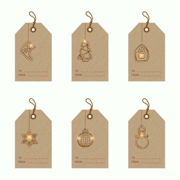 Christmas bauble ornaments Collection of 6 kraft paper Christmas gift tags. Cards with bauble ornaments hanging. Vector illustration. clothing hang tags stock illustrations