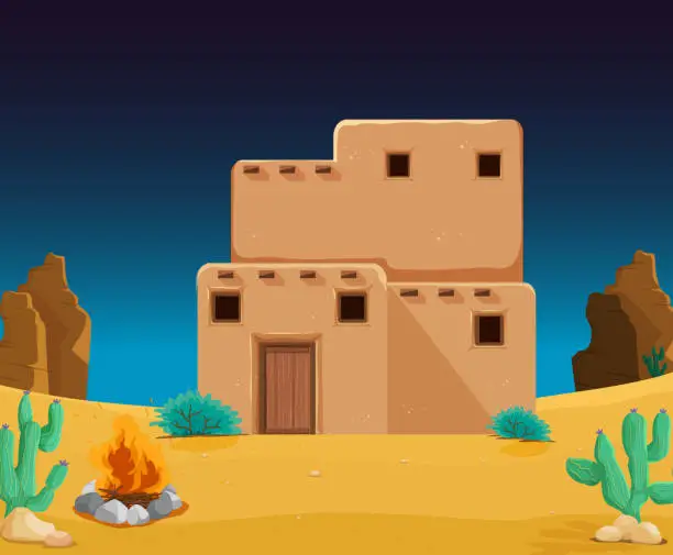 Vector illustration of An adobe house at desert