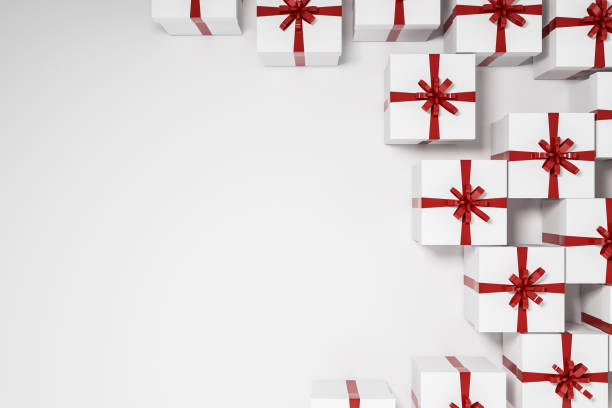 istock Top view of white and red gift boxes 1077965892