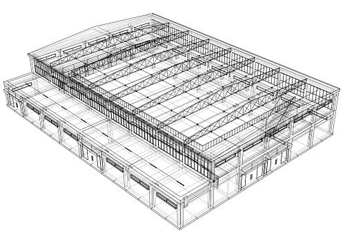 Warehouse sketch. Vector rendering of 3d. Wire-frame style. The layers of visible and invisible lines are separated