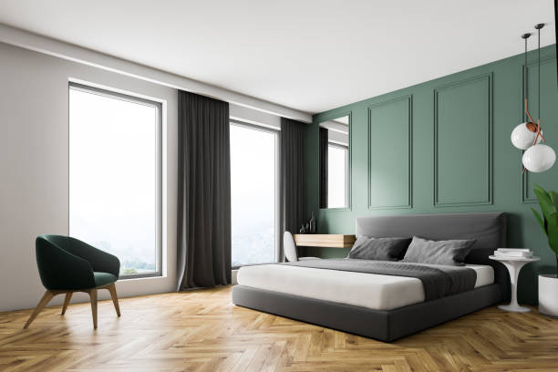 istock Green wall bedroom corner, armchair 1077969016