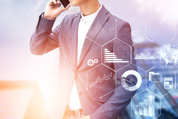 istock Man on phone in city, infographics 1077972532