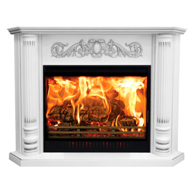 istock Burning classic fireplace of white marble. Isolated on white 1077981668