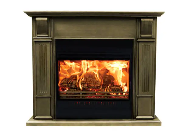 Photo of Classic brown burning fireplace isolated on white background
