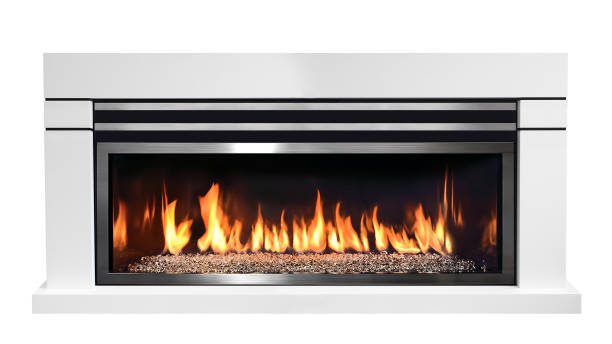 istock Burning gas fireplace isolated on white background 1077981824