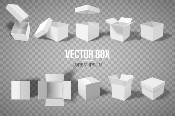 A set of open and closed boxes in different angles. Isometry in perspective. White cardboard box. Vector illustration A set of open and closed boxes in different angles. Isometry in perspective. White cardboard box. Vector illustration. box container stock illustrations