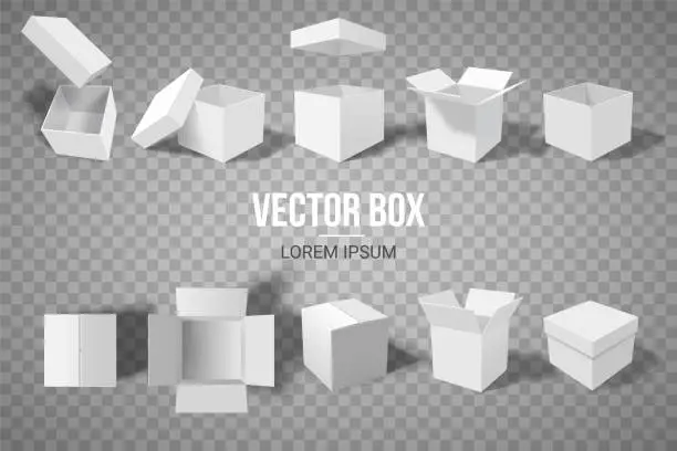 Vector illustration of A set of open and closed boxes in different angles. Isometry in perspective. White cardboard box. Vector illustration