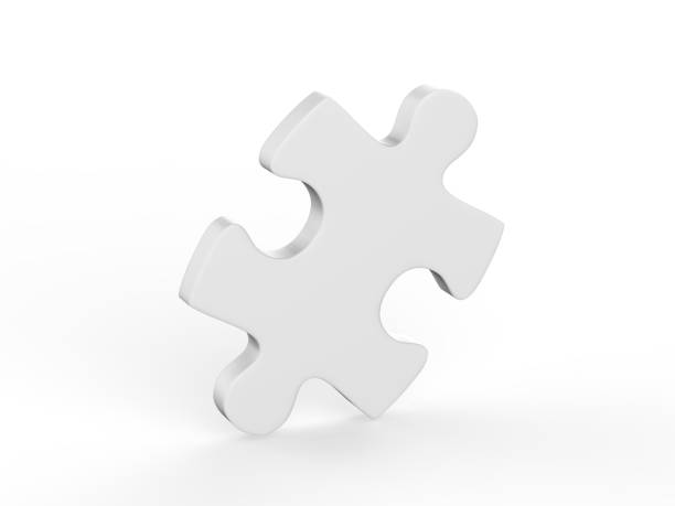 maqueta de pieza de un rompecabezas sobre aislado fondo blanco, ilustración 3d - jigsaw piece puzzle jigsaw puzzle metal fotografías e imágenes de stock