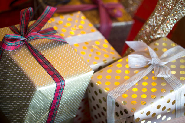 Christmas presents with red ribbon. Christmas gift box.