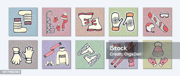 Doodle Cards Winter Illustrations1 Stock Illustration - Download Image Now - Arm, Art, Cap - Hat