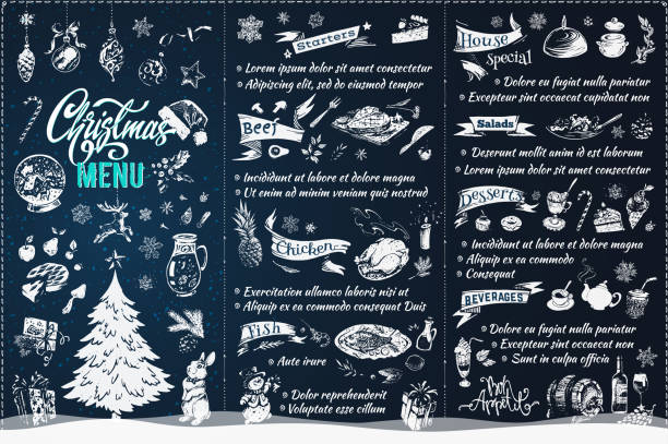 크리스마스 메뉴 템플릿 디자인입니다. 분필 칠판 크리스마스 트리 장식, 불고기에 손으로 그린 낙서 아이콘, 접시, 생선 식사, 음료, 과자, 치킨. 서 예 빈티지 벡터 배너 - cooked chicken sketching roasted stock illustrations