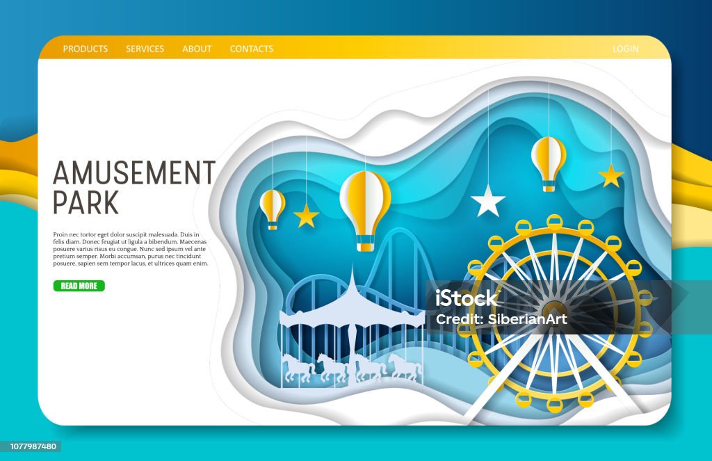 Vector paper cut amusement park landing page website template Amusement park landing page website template. Vector illustration of ferris wheel, carousel and hot air balloons in paper art style. Entertainment concept. Amusement Park stock vector