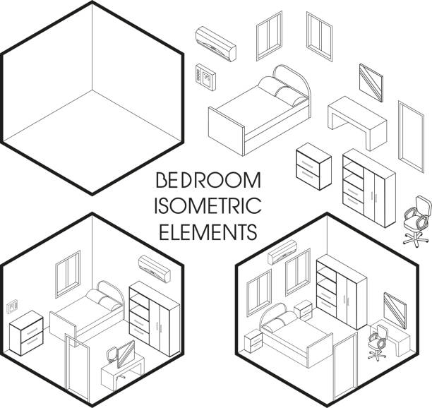 illustrazioni stock, clip art, cartoni animati e icone di tendenza di elementi della linea sottile isometrica del creatore degli interni della camera da letto - closet hotel door contemporary