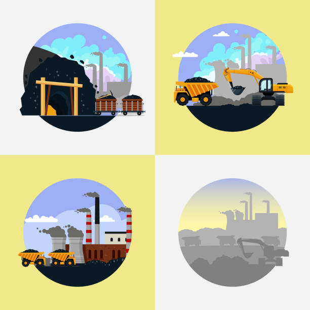 ilustraciones, imágenes clip art, dibujos animados e iconos de stock de ilustración plana de vector conjunto de industria carbonífera - earth mover bulldozer construction equipment digging