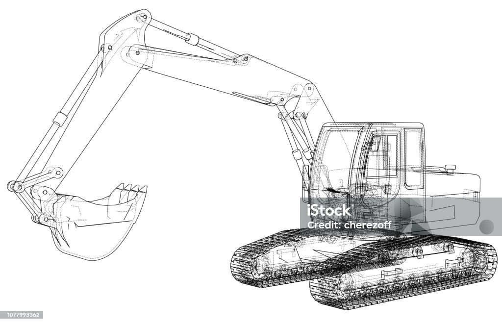 Excavator concept outline. Vector Excavator concept outline. Vector rendering of 3d. Wire-frame style. The layers of visible and invisible lines are separated Backhoe stock vector