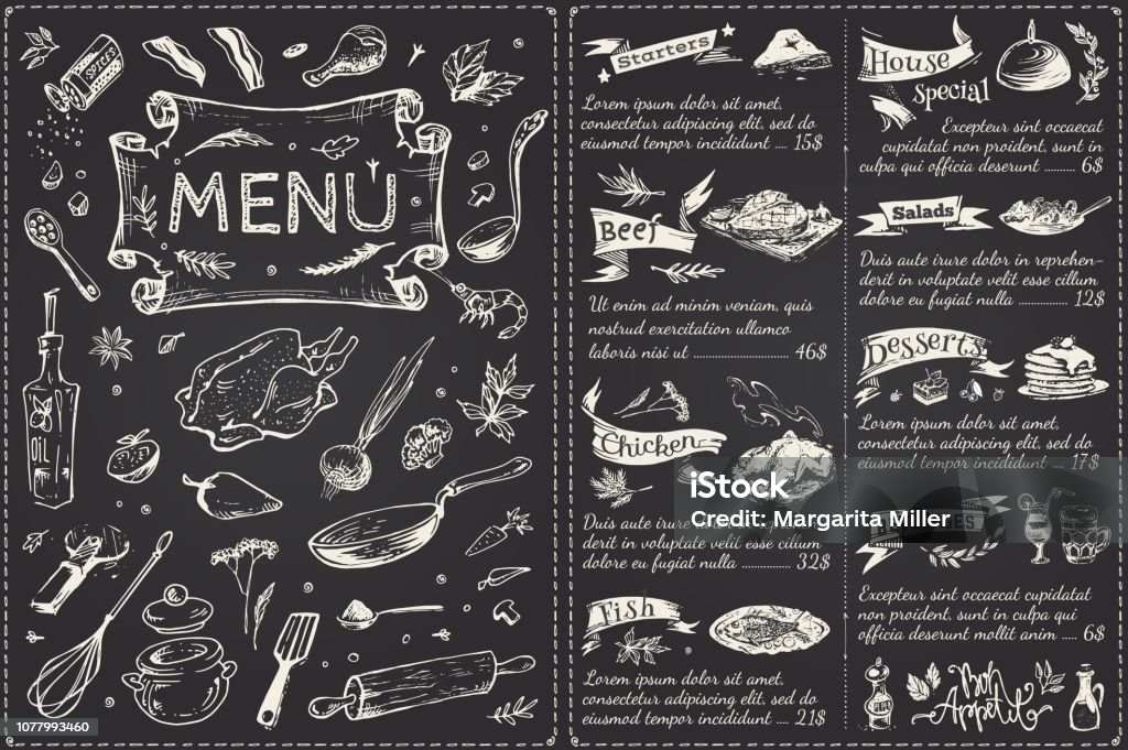 Conception de menus vintage de page d’accueil. Croquis de nourriture dessinés à la main isolés à bord de la pierre noire pour la décoration de restaurant ou café. Bannière de vecteur - clipart vectoriel de Menu libre de droits