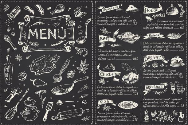 빈티지 메뉴 메인 페이지 디자인입니다. 그린된 푸드 스케치 레스토랑 또는 카페 장식 블랙 초 크 보드에 고립 된 손. 벡터 배너 - cooked chicken sketching roasted stock illustrations