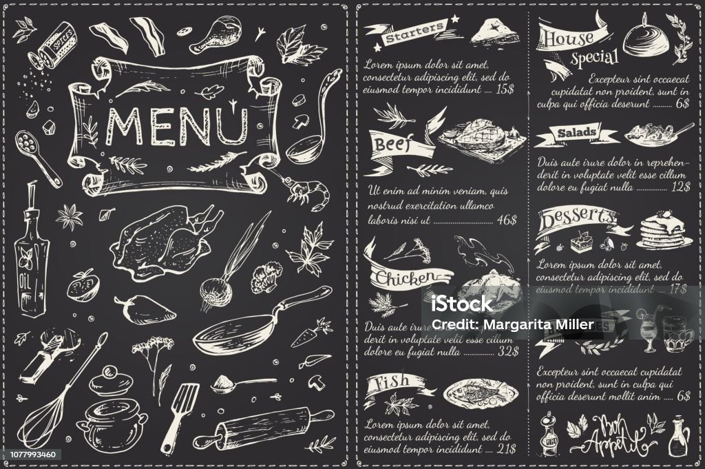 Vintage menu main page design. Hand drawn food sketches isolated on black chalk board for restaurant or cafe decoration. Vector banner Vintage menu main page design. Hand drawn vector Food stock vector