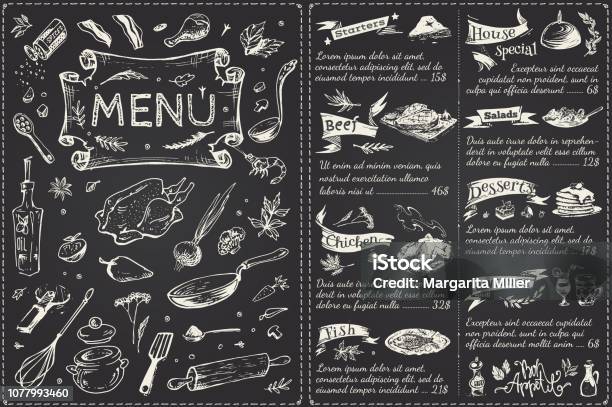 Vintage Menu Main Page Design Hand Drawn Food Sketches Isolated On Black Chalk Board For Restaurant Or Cafe Decoration Vector Banner Stock Illustration - Download Image Now