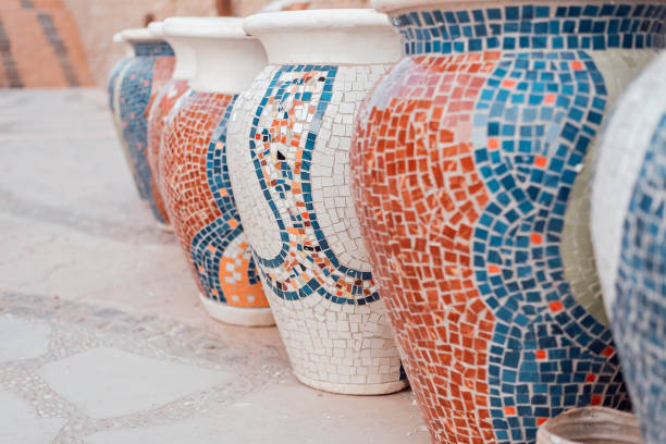Group of big clay jars with mosaic. Copy space.