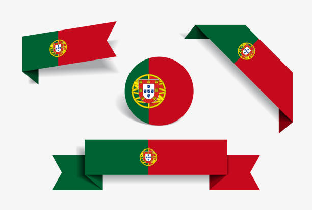 naklejki i etykiety z flagami portugalskimi. ilustracja wektorowa. - portugal stock illustrations