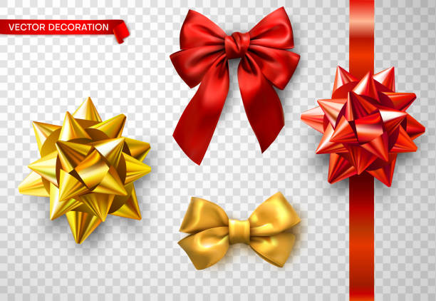 набор красных и золотых атласных 3d луков изолированы на прозрачном фоне. - christmas 3d stock illustrations