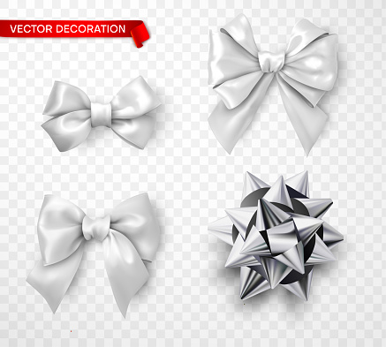 Set of white and silver satin 3d bows isolated on transparent background. Festive design and decoration for birthday, New Year, Christmas gifts. Vector illustration.