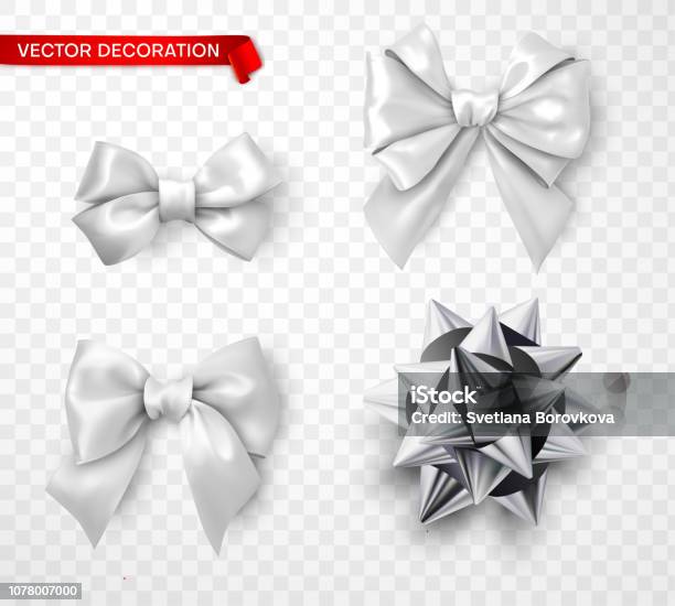 Set Of White And Silver Satin 3d Bows Isolated On Transparent Background Stock Illustration - Download Image Now