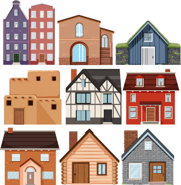 ilustraciones, imágenes clip art, dibujos animados e iconos de stock de conjunto de casas de cultura - cabaña