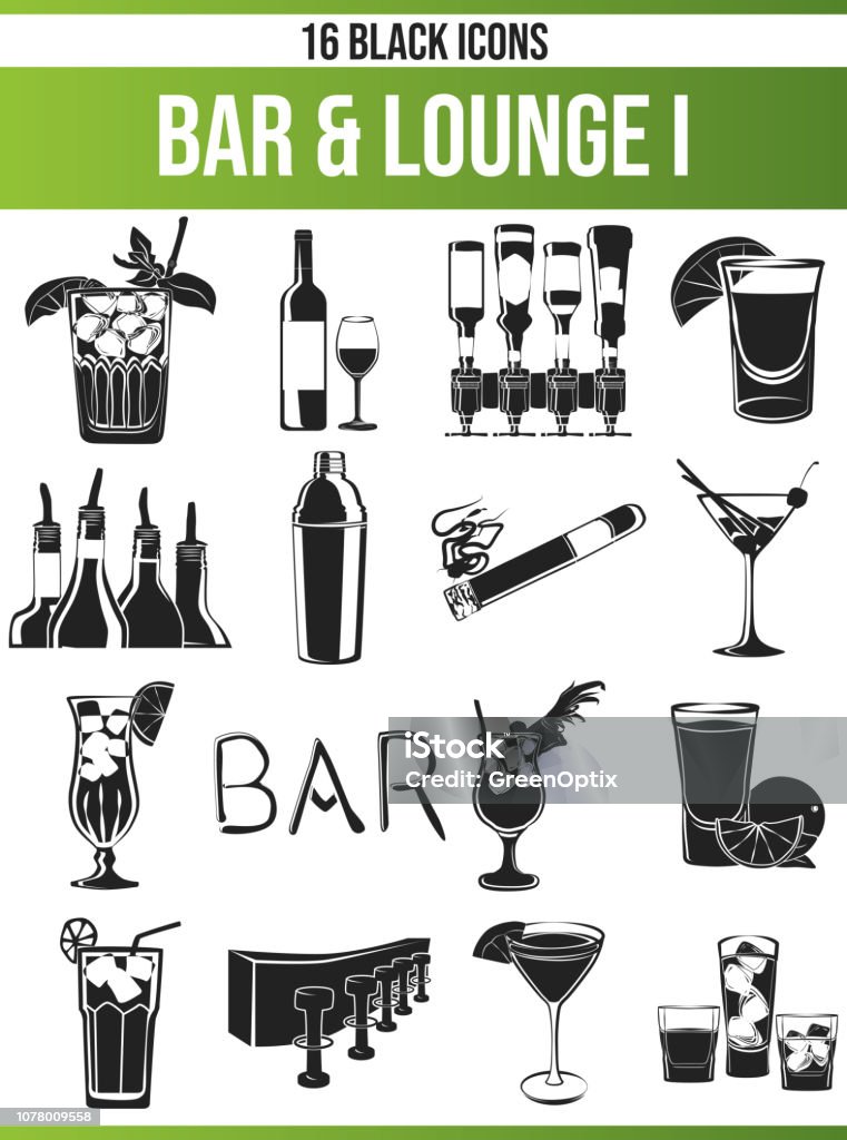 Black Icon Set Bar & Lounge I Black pictograms / icons on lounge. This icon set is perfect for creative people and designers who need the theme bar and cocktails in their graphic designs. Bartender stock vector
