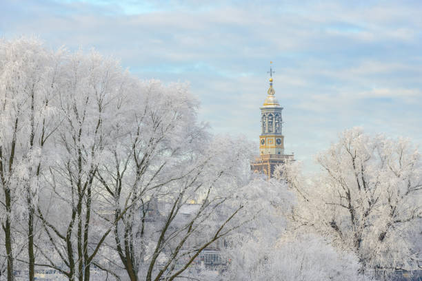 istock Frozen trees with the Nieuwe Toren (New Tower) in Kampen 1078017778