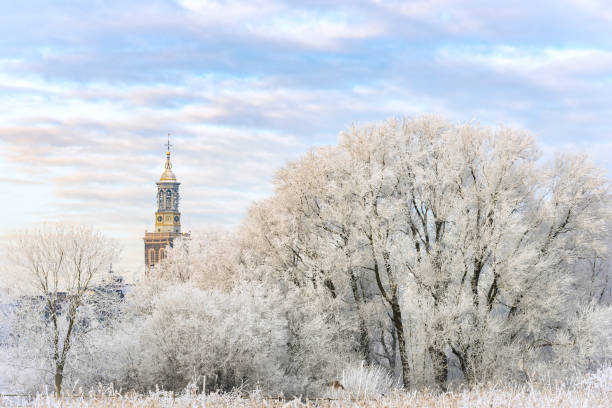 istock Frozen trees with the Nieuwe Toren (New Tower) in Kampen 1078018854