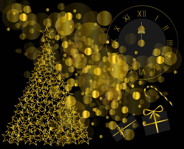 istock New Year backgorund gold color with Christmas tree, clock and gifts 1078020406