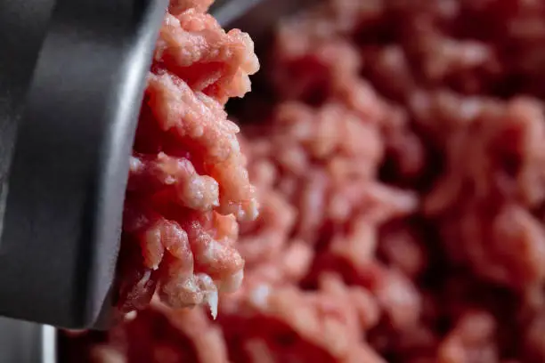 Minced fresh meat coming out from modern electric grinder close-up. Healthy fresh homemade minced meat. Place for copyspace.