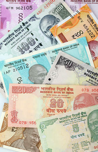 High resolution image of various Indian currency notes in different denominations shot in studio