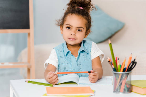 istock adorable african american kid holding pencil and looking at camera while writing in workbook 1078027350