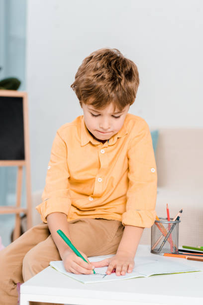 istock focused little boy writing and studying at home 1078027650