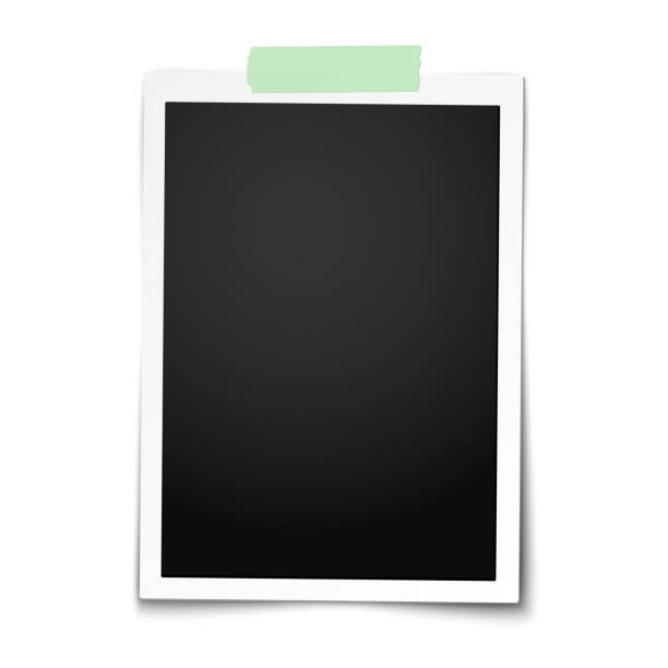istock Realistic vector classic photo frame with straight edges on light green adhesive, sticky tape placed vertically on white background. Template photo design. 1078032394